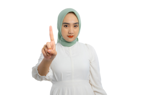 Beautiful young Asian woman in green hijab and white blouse showing stop or rejection with serious expression isolated on transparent background