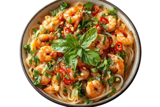 Shrimp pasta dish with fresh herbs and spices in a bowl ready to serve for dinner