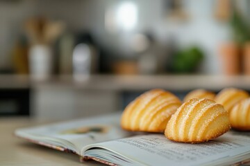 Obraz premium Delicate pastries rest atop an open cookbook.