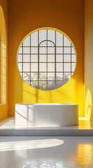 Sunlit minimalist bathroom; freestanding tub, circular window, yellow walls