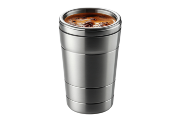 Travel mug with freshly brewed coffee on a wooden surface in a cozy setting