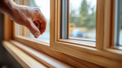 Carpenter fitting custom wooden windows in a home. Featuring window installation