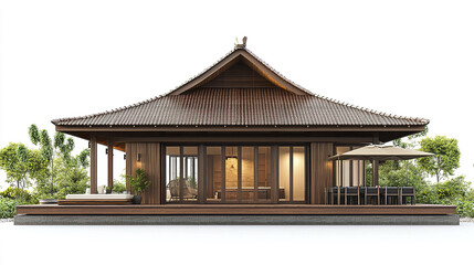 Obraz premium serene, resort style wooden house with traditional roof design