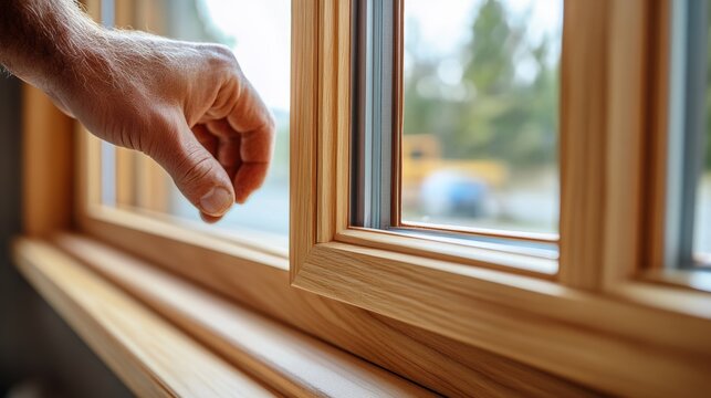 Carpenter fitting custom wooden windows in a home. Featuring window installation