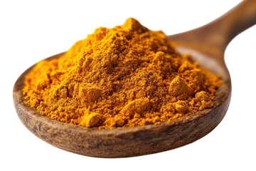 Golden turmeric powder on wooden spoon highlighting its vibrant color and texture