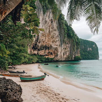 Secluded tropical beach, turquoise water, limestone cliffs, and small boats