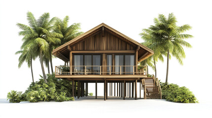 Wooden house with palm trees on white background, resort style design