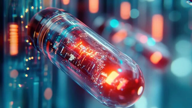 A tiny clear capsule containing nanotechnology inside, representing a futuristic breakthrough in nanomedicine, showcasing innovative medical applications advanced technology in healthcare field