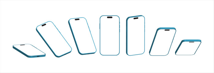 3D Smartphone Mockup with White Screen – Blue Mobile Phone Vector Set in Multiple Angles on White Background