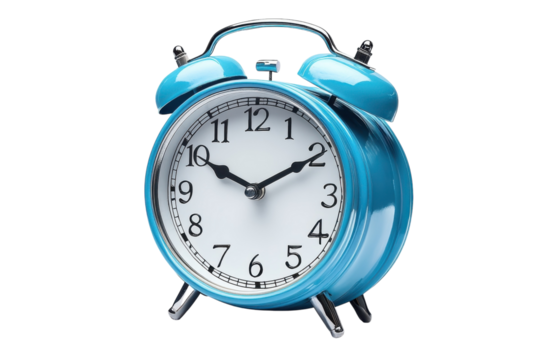 Vintage blue alarm clock showing time near ten o'clock on a plain background