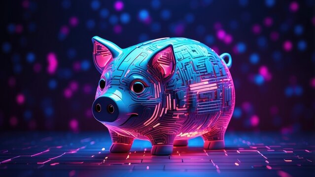 A glowing, digital-style piggy bank with binary code patterns on its surface