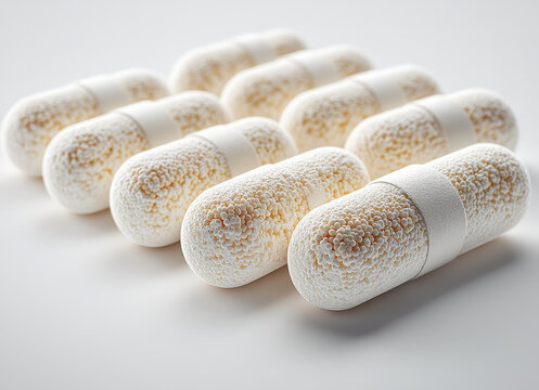 Oxacillin Capsules on White Background Showcasing Detailed Surface Texture in Medical Pharmaceutical Isolated Image