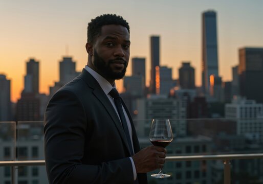 African american man tasting red wine on rooftop with city skyline at sunset. Elegant sommelier celebrating National Wine Day, perfect screen backdrop for restaurant website. - Powered by Adobe