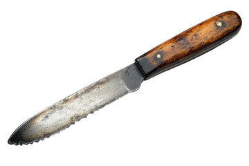 Sharp serrated knife with wooden handle displayed on a white background