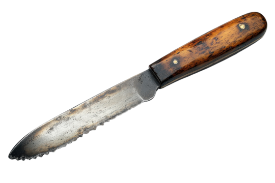 Sharp serrated knife with wooden handle displayed on a white background