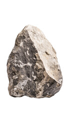 A large, rugged gray rock, showcasing a rough, textured surface with light and dark areas, and sharp edges. Isolated, transparent background, png.