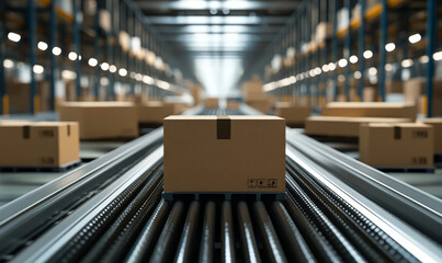 conveyor belt in a distribution warehouse with row of cardboard box packages for e-commerce delivery  and automated logistics concepts as wide banner with copysapce area - Generative AI
