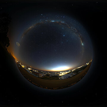 Night sky panorama: Milky Way arch over town lights