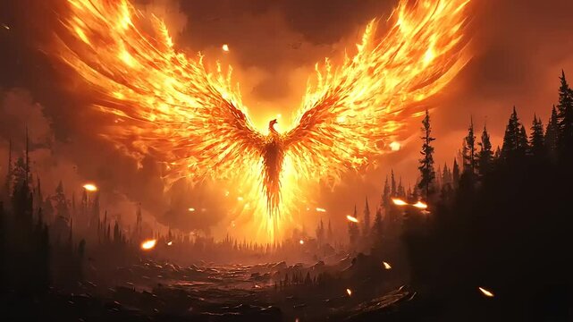 Majestic phoenix rising from fiery ashes against a dramatic sunset in a forest landscape