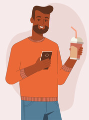 Dark skinned man holding a paper coffee cup and smartphone, depicting modern multitasking, technology in everyday life. For technology and lifestyle designs, symbolizing convenience and connectivity.