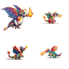 Obraz premium Colorful pixel art dragons breathing fire, ideal for fantasy game assets, magical creature illustrations, retro-style RPG designs, and mythical adventure-themed content.