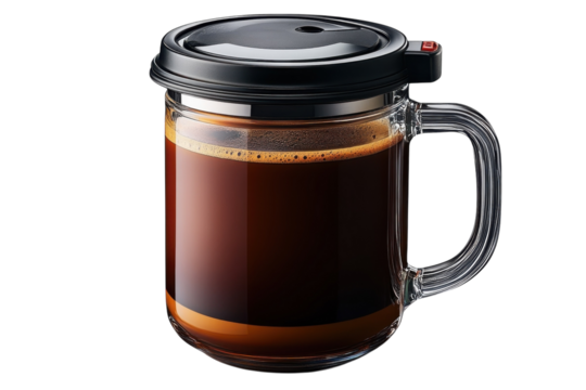 Coffee brewed in a clear glass mug with a lid on a wooden table