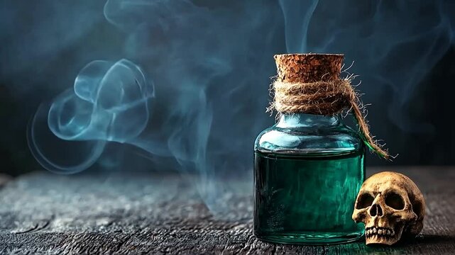 Mysterious potion in a glass bottle with cork, smoky background, and a skull, evoking intrigue