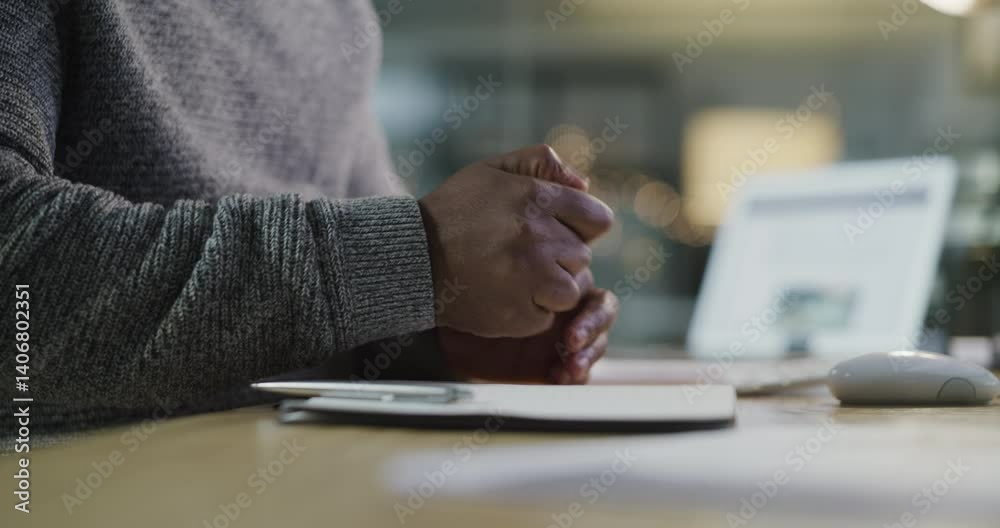 Poster Hands, idea and writing in notebook in office, pen and brainstorming for project proposal in company. Black person, businessman and tear paper of book by computer, inspiration and night in workplace