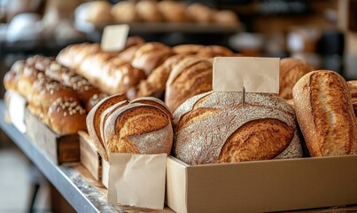 bread bakery shop or a supermarket bread section with empty price or name tag as wide banner with copy space area - Generative AI