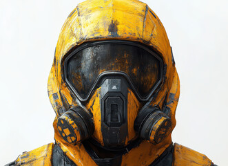 image of a yellow hazardous materials protective suit with gas mask on white background showcasing detailed textures and realistic lighting effects