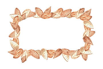 Almond kernels watercolor border. Hand drawn horizontal frame from natural organic food. Snack isolated illustration with copy space. Spice for cooking Template of nuts in sketch style for food design