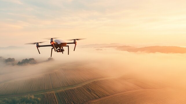 A drone hovers above a vineyard at sunrise, capturing data to enhance crop management and optimize yields using innovative technology in agriculture