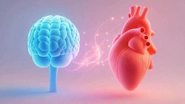 Brain-heart axis, a blue brain and a red heart are facing each other with light particles symbolizing communication between them