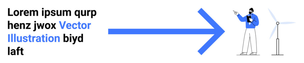 Man holding clipboard gestures towards large arrow leading to wind turbine. Ideal for renewable energy, presentation, sustainability, innovation, clean technology, teamwork, simple landing page