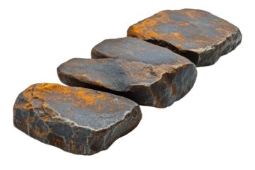 Rough gray stones with orange patches arranged in a row