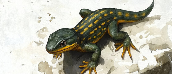 Green lizard with yellow stripes, perched on a light-colored rock Watercolor painting