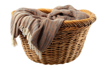 Obraz premium Woven basket containing a warm, textured blanket ready for cozy evenings indoors