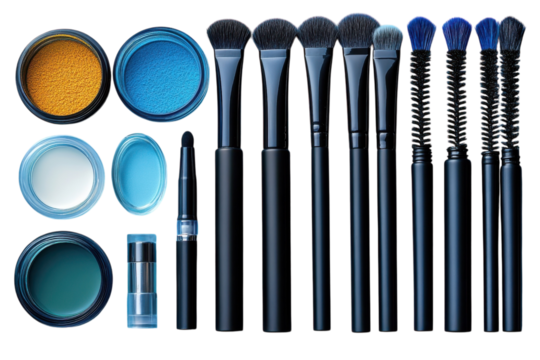 Assorted makeup products and brushes arranged on a clean surface for beauty application