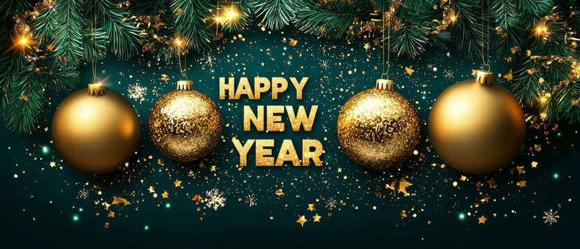 Golden ornaments, evergreen boughs, and glittering confetti wish a Happy New Year