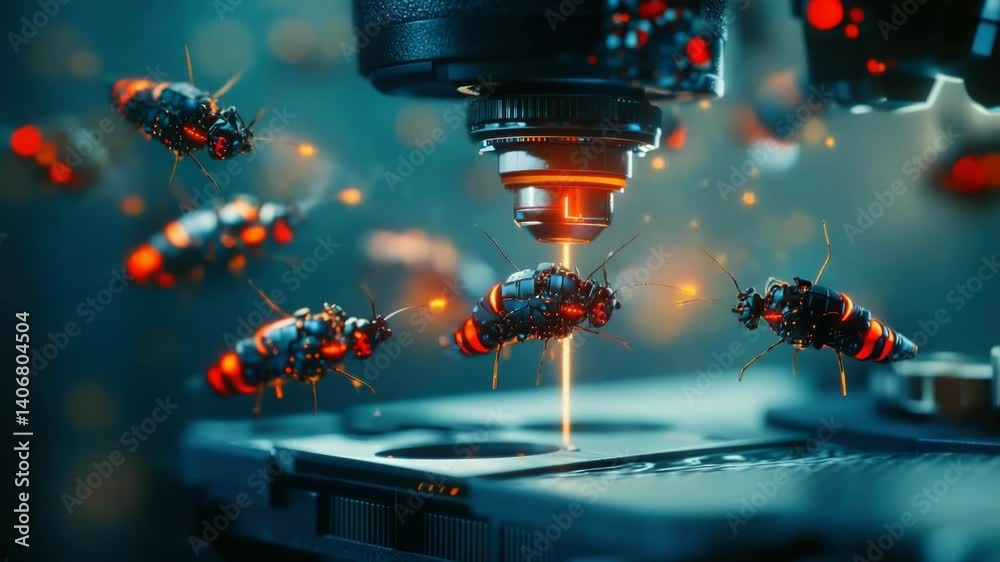 Poster digital visualization of a nanobot swarm on a microscope slide, demonstrating advanced nanotechnolog