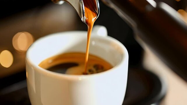 A cinematic close-up of a rich, golden stream of espresso pouring from a professional stainless steel espresso machine&rsquo;s portafilter into a small, pre-warmed ceramic cup.