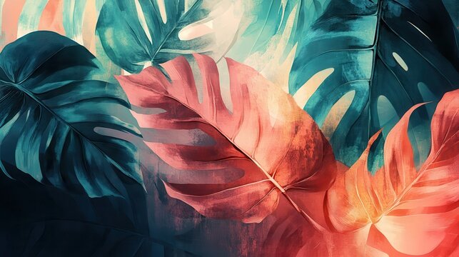 Abstract art tropical leaves background vector. Wallpaper design with watercolor art texture from palm leaves, Jungle leaves, monstera leaf, exotic botanical floral pattern.