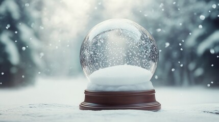Snow globe on snowy ground with winter forest background.