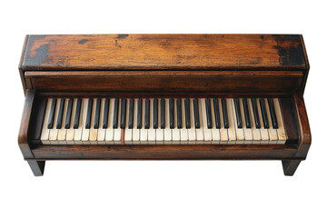 Fototapeta premium Old wooden piano with worn keys and rustic charm sits against a neutral background