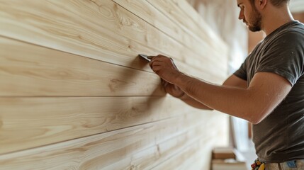 Carpenter installing wooden panels on a wall in a living room. Featuring wood paneling