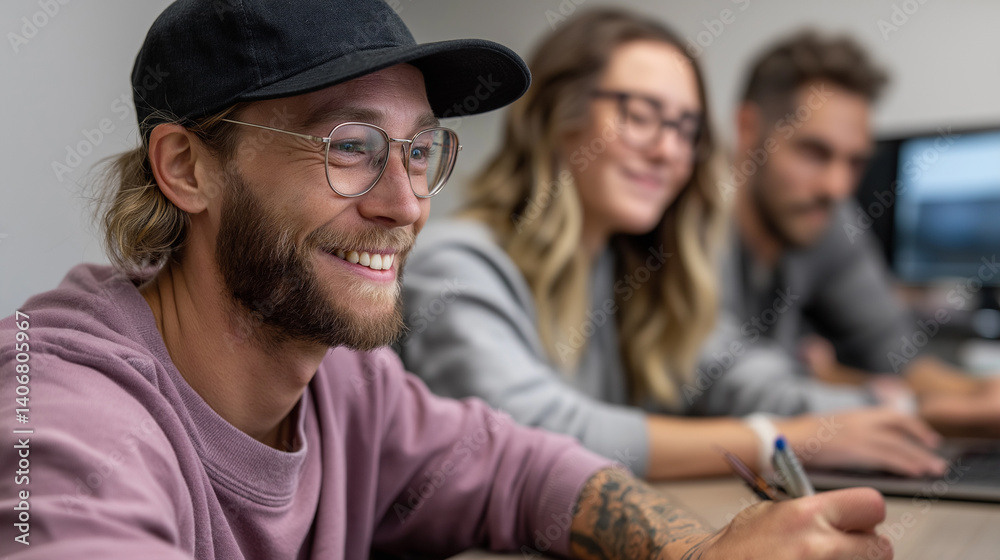 Aufkleber engaged digital marketing professionals gather in a stylish office, enthusiastically brainstorming c