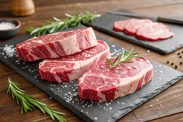 Fototapeta premium Premium Marbled Beef Display on Slate Board: Gourmet Meat Photography with Herbs and Rustic Charm