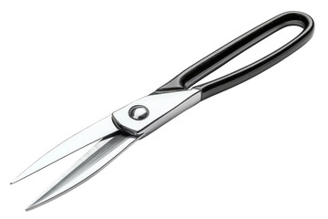 Obraz premium Stainless steel scissors with black handle, sharp cutting tool for sewing and crafts, metallic tailoring shears close-up PNG isolated on Transparent Background