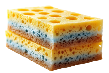 Colorful kitchen sponges stacked for household cleaning tasks in a bright setting