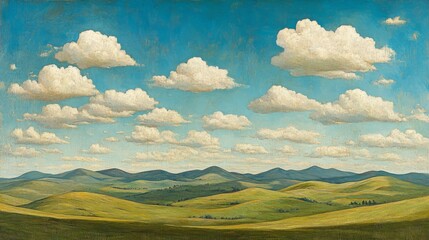 Fototapeta premium Serene Landscape Painting with Puffy Clouds and Rolling Hills